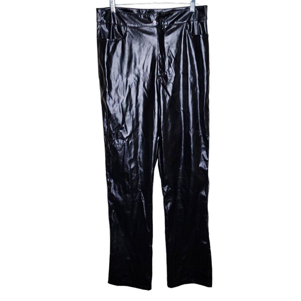 New Boohoo Faux Leather Pleather Pants Womens Size 10 Black Straight Leg Rock